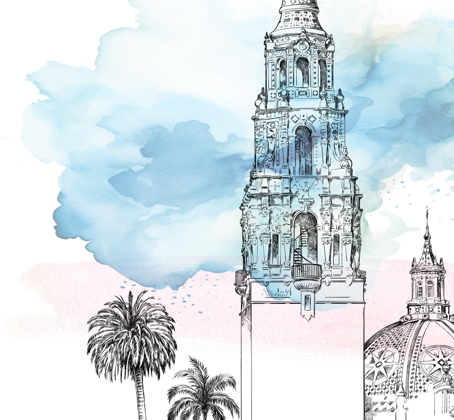 Balboa Park, California Tower Hand Drawn Holiday Cards