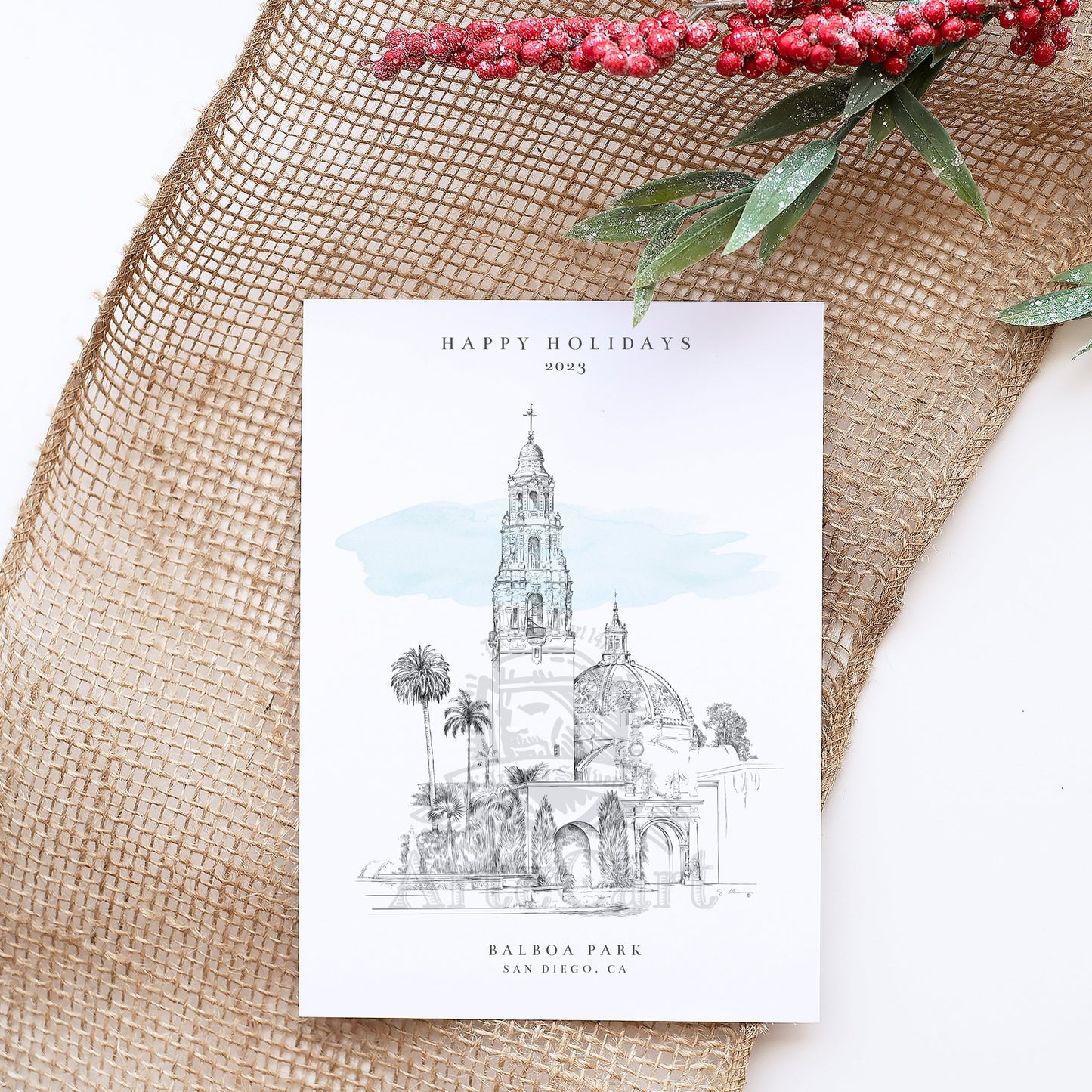 Balboa Park, California Tower Hand Drawn Holiday Cards