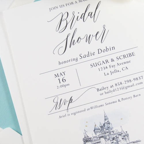 Disneyland Castle Bridal Shower Modern Invitations, Fairytale Wedding, Disney, Hand Drawn (set of 25 cards & envelopes)