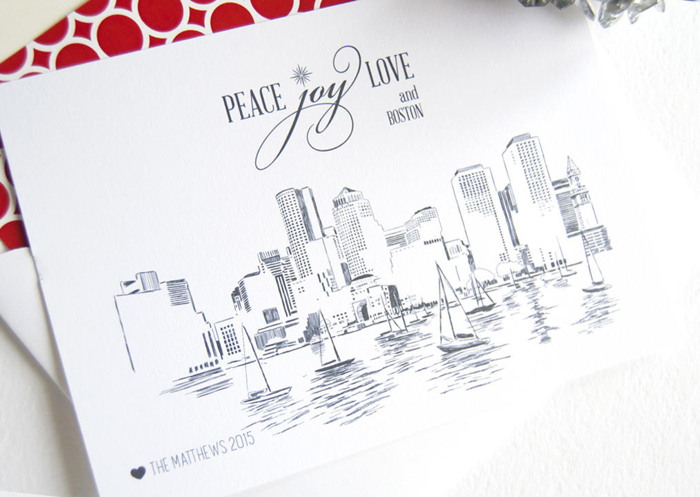 Boston Skyline Christmas Cards, Holiday Cards, Xmas Cards, Holiday Party Invitations (Set of 25)