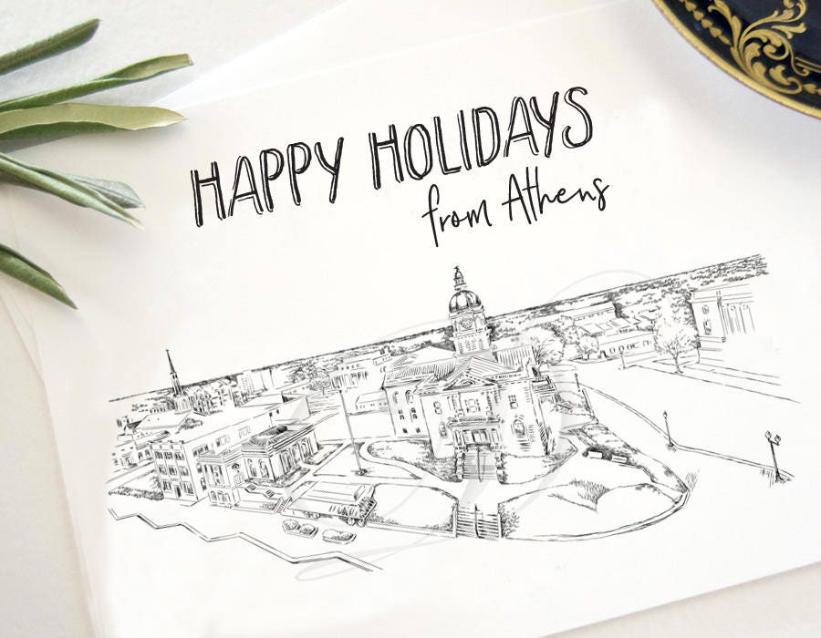 Athens, Georgia Skyline Christmas Cards, Holiday Cards, Xmas Cards, Holiday Party Invitations, Holiday Card (Set of 25)