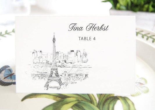 Paris Skyline Folded Place Cards BLANK, French Themed Wedding, Eiffel Tower Placecards, Seating Cards, Escort Cards  (Set of 25 Cards)