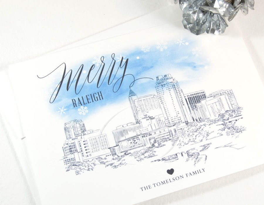 Raleigh Skyline Christmas Cards, North Carolina, Holiday Cards, Xmas Cards, Holiday Party Invitations (Set of 25)