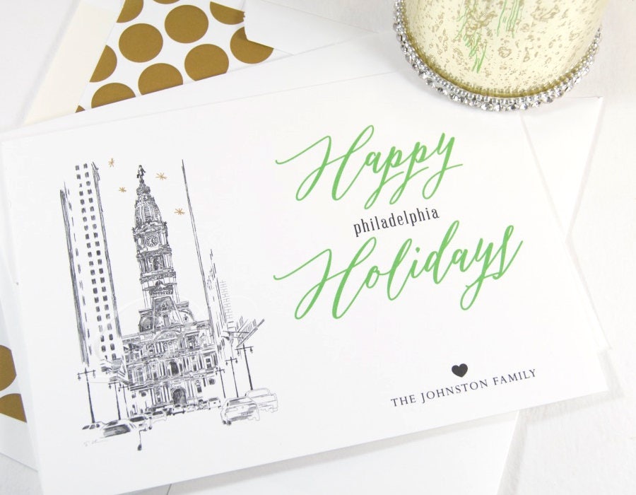 Philadelphia City Hall Skyline Christmas Cards, Holiday Cards, Xmas Cards, Holiday Party Invitations (Set of 25)