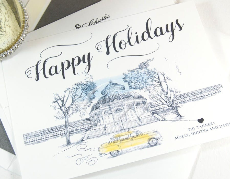 Brooklyn Botanical Garden Skyline Christmas Cards, New York, Holiday Cards, Xmas Cards, Holiday Party Invitations (Set of 25)