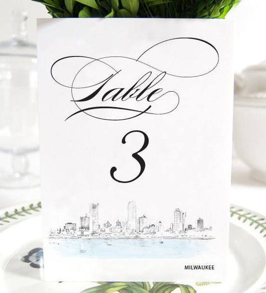 Milwaukee Skyline Wedding Table Numbers, Wisconsin Skyline, Table Cards (1-10)