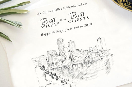 Boston Skyline Corporate Holiday Cards, Christmas Cards, Xmas Cards, Holiday Party, Company Cards, Law Firms, Downtown (Set of 25)