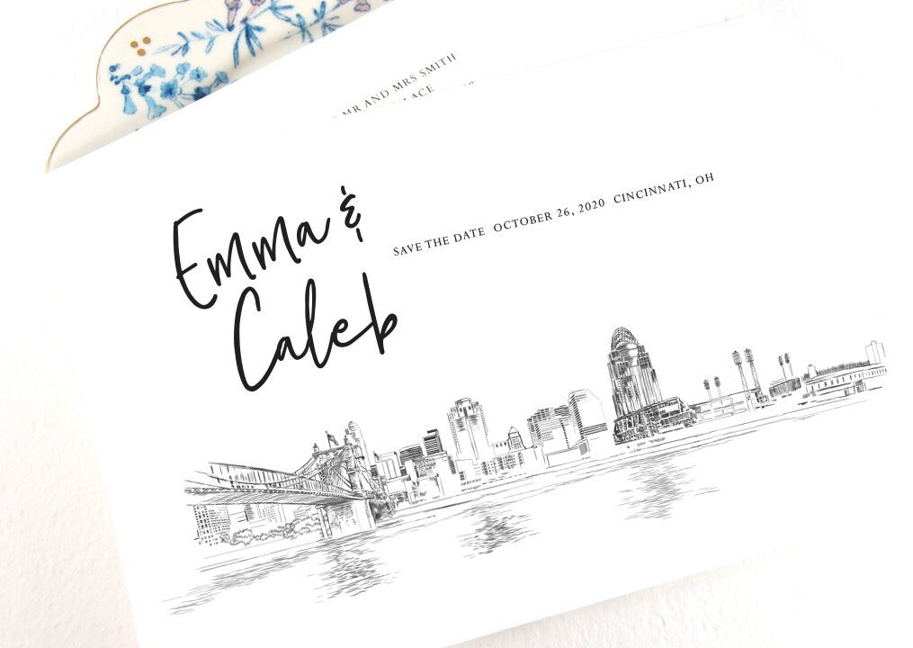 Cincinnati Skyline Save the Dates, Save the Date Cards, Cincinnati Wedding, STD, Stadium and Bridge (set of 25 cards)
