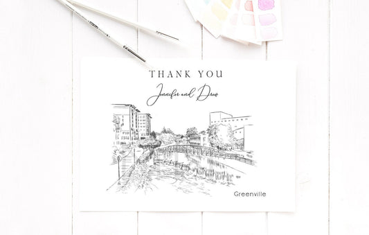 Greenville Skyline Thank You Cards, Personal Note Cards, Bridal Shower Thank you Card Set, Corporate Thank you Cards (set of 25 cards)