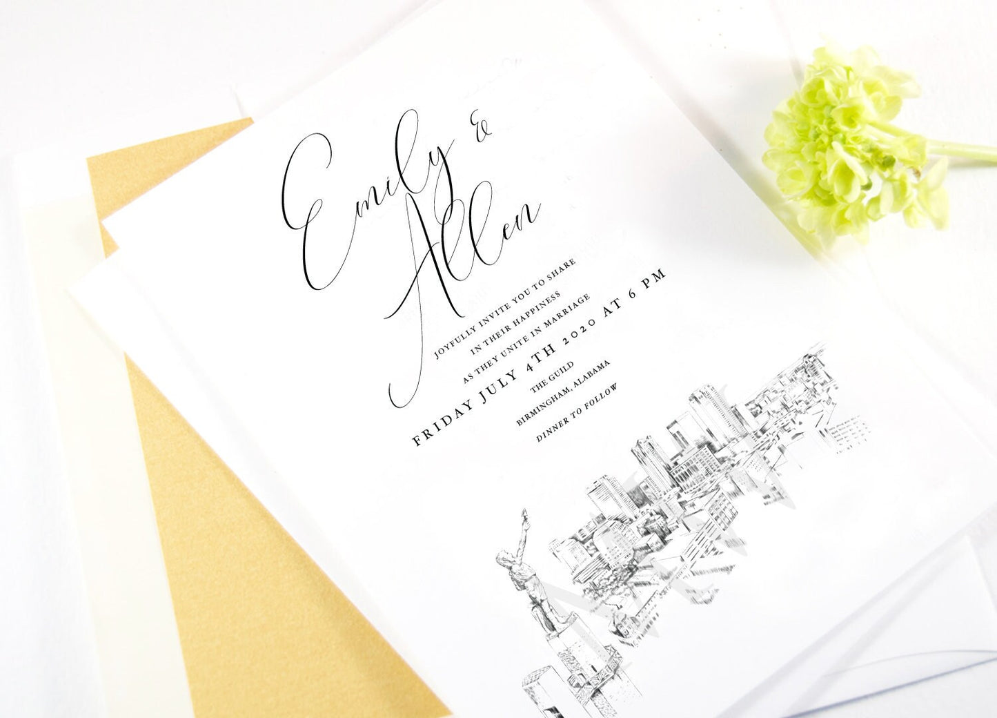 Birmingham Skyline Wedding Invitation, Alabama Wedding, Birmingham Skyline Invite, Vulcan (Sold in Sets of 10 Invitations + Envelopes)