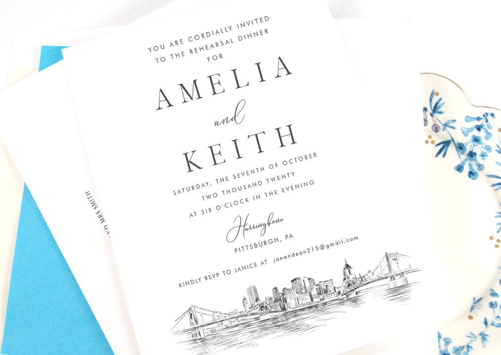 Pittsburgh Skyline Rehearsal Dinner Invitations, Pittsburgh, PA, Skyline, Wedding, Weddings, Rehearse, Wedding Invite, Card (set of 25)