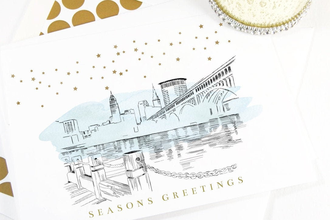 Cleveland Skyline Corporate Christmas Cards, Holiday Cards, Xmas Cards, Holiday Party, Company Cards, Law Firms, Real Estate (Set of 25)