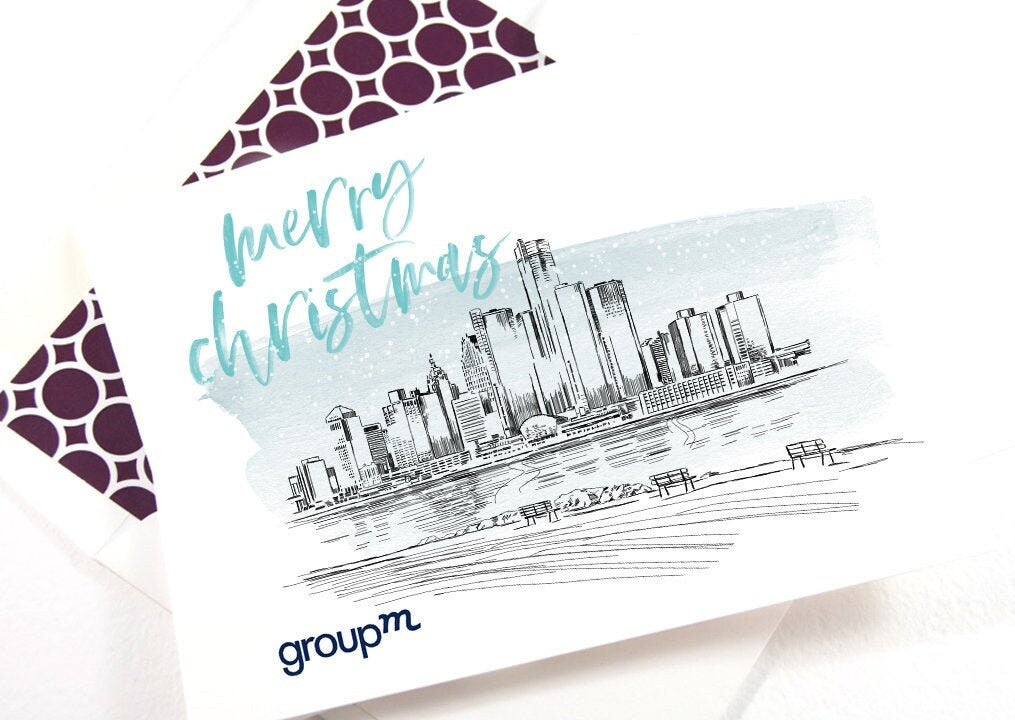 Detroit Skyline Corporate Christmas Cards, Holiday Cards, Xmas Cards, Holiday Party, Company Cards, Law Firms, Real Estate (Set of 25)