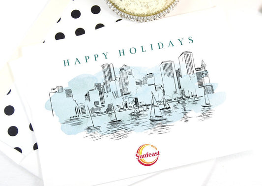 Boston Skyline Corporate Christmas Cards, Holiday Cards, Xmas Cards, Holiday Party, Company Cards, Law Firms, Real Estate Agent  (Set of 25)