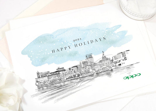 Savannah Skyline Corporate Christmas Cards, Holiday Cards, Xmas Cards, Holiday Party, Company Cards, Law Firms, Real Estate  (Set of 25)
