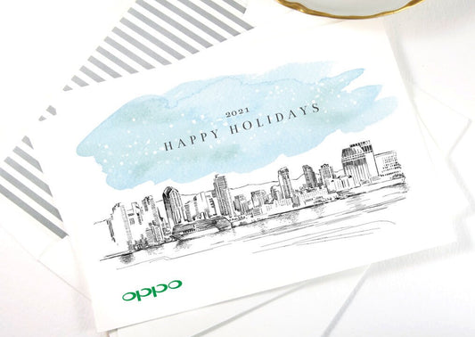 San Diego Skyline Corporate Christmas Cards, Holiday Cards, Xmas Cards, Holiday Party, Company Cards, Law Firms, Real Estate  (Set of 25)