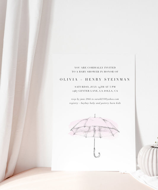 Baby Shower Invitations, Pink Umbrella, girl, invite, baby, pink, blue, baby card, Cards, (Set of 25)