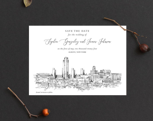 Albany, NY Save the Dates, Wedding, Save the Date Cards, Save the Dates, New York,  Skyline, STD, Hand Drawn (set of 25 cards & envelopes)