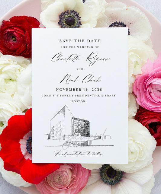 JFK Library Boston Save the Date Cards, Wedding Save the Dates, STD, Boston Weddings, MA, Venue (set of 25)