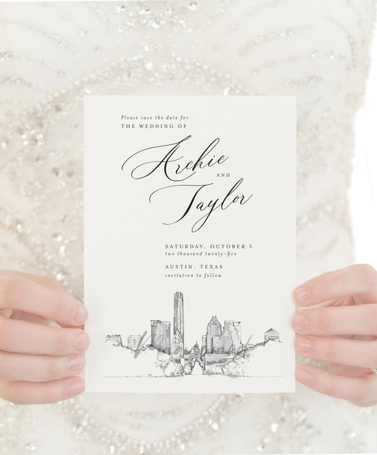 Austin Skyline Save the Date Cards, Wedding Save the Dates, Texas, TX, STD, Austin Wedding, Hand Drawn (set of 25 cards and envelopes)