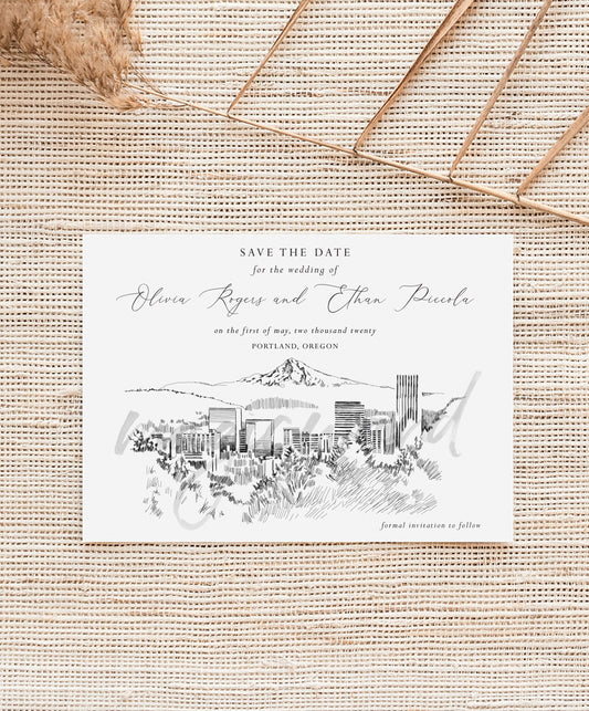 Portland Oregon Skyline Save the Date Cards, STD, Save the Dates, Portland Wedding, Weddings (set of 25 cards)