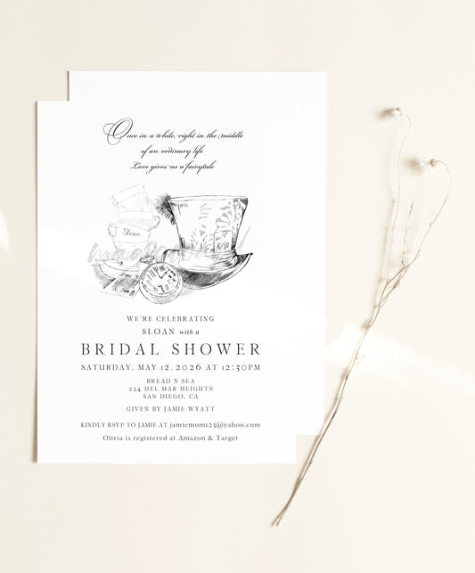 Alice in Wonderland Tea Party Bridal Shower Invitations, Fairytale Wedding, Disney, Hand Drawn (set of 25 cards & envelopes)