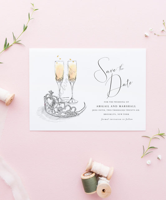 Tiara & Champagne Glasses, Fairytale Wedding, STD, Save the Dates, Disney, Crown, Champagne Glasses, Wedding, Save the Date Cards
