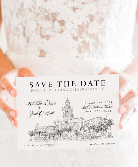 The Biltmore Hotel Miami Wedding Save the Date Cards, Save the Dates, STD, Coral Gables, Wedding, Hand Drawn (set of 25 cards)