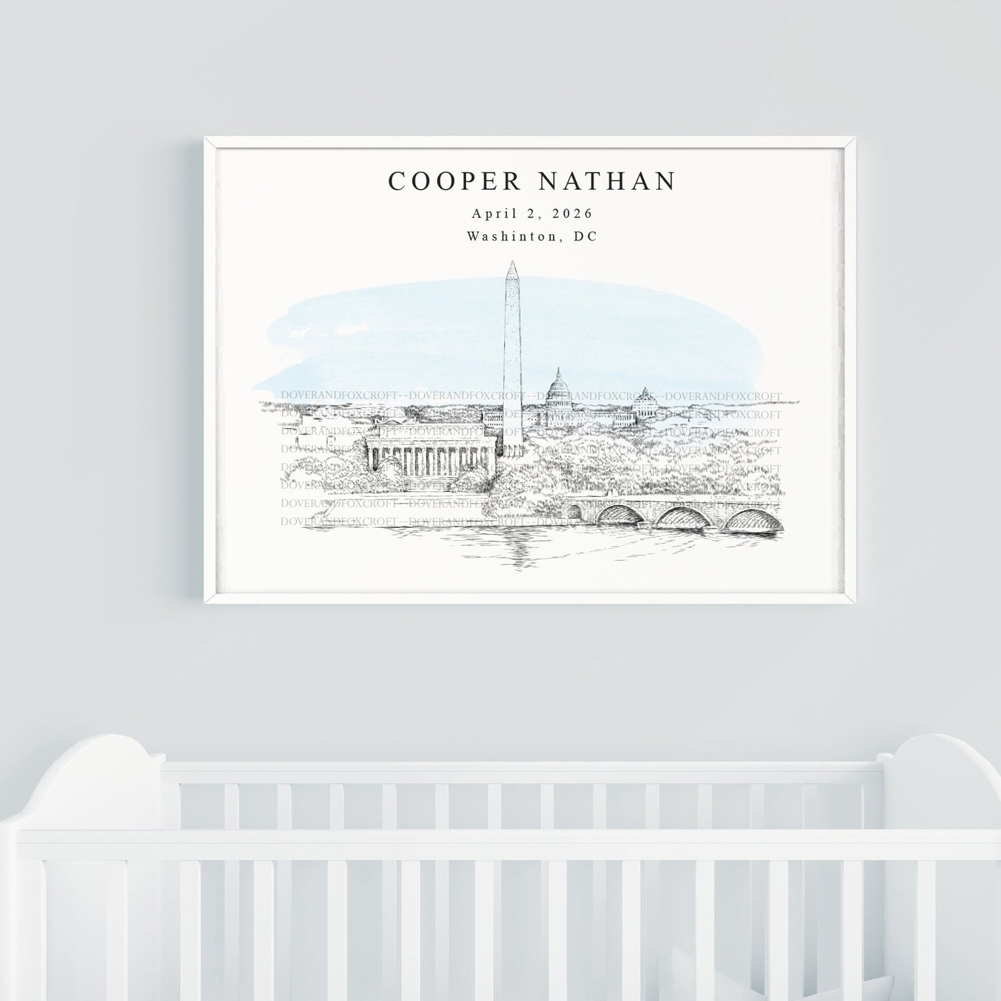 Washington, DC Skylines Nursery Art, Kids Room Art, Memorials, boy, baby shower gift, blue, White House, Lincoln Memorial, Jefferson