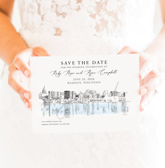 Madison, WI Skyline Save the Dates, STD, Wisconsin Wedding, Hand Drawn Save the Date Cards (set of 25 cards)