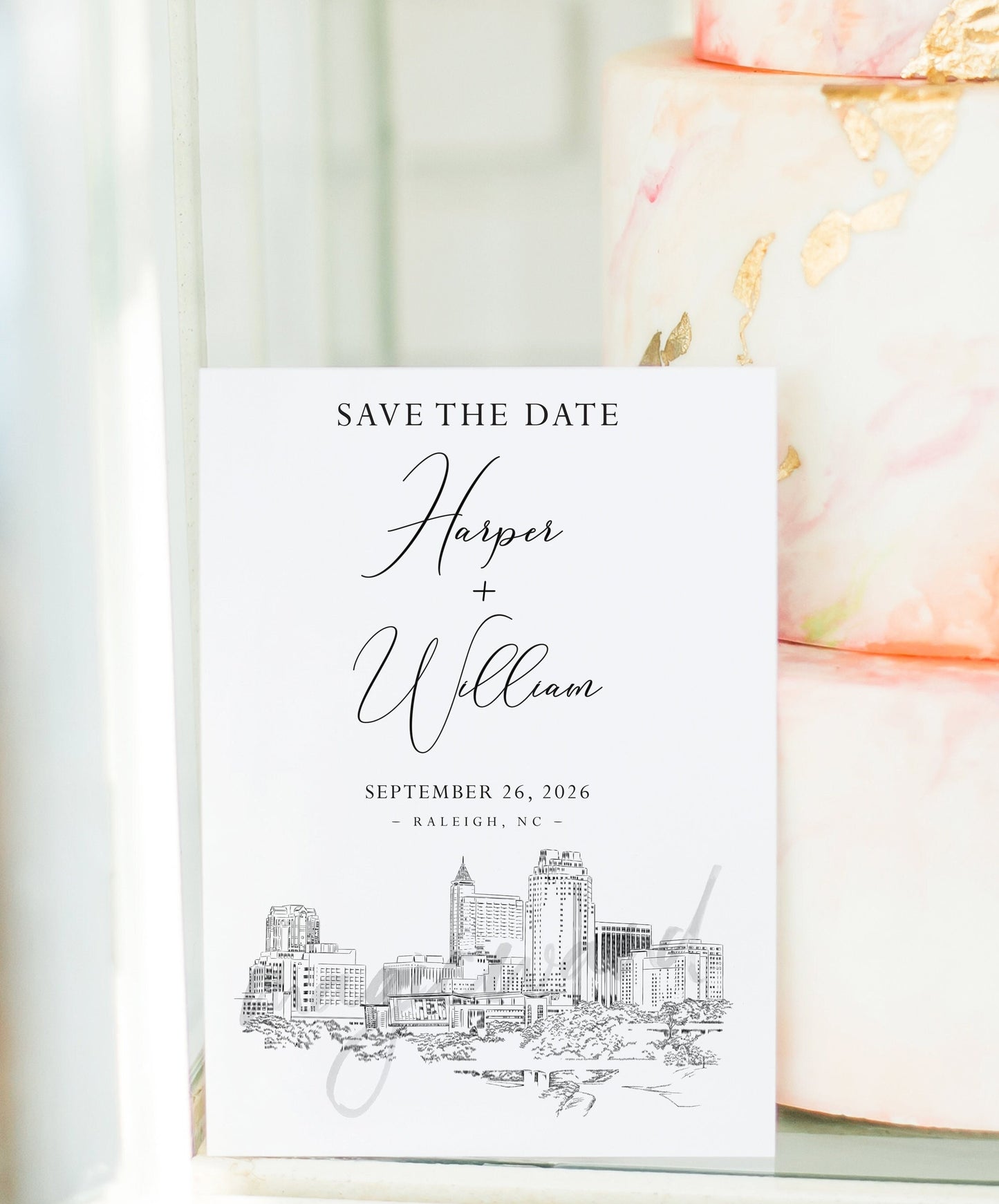 Raleigh Skyline Save the Dates, STD, Wedding, Weddings, Save the Date Cards, NC, North Carolina Wedding, Hand Drawn (set of 25 cards)