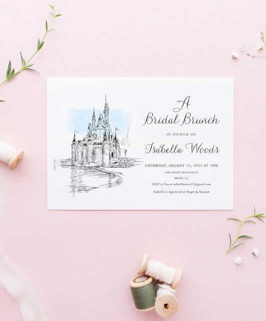 Disney World Castle Bridal Shower Invitations, Fairytale Wedding, Disney, Hand Drawn (set of 25 cards & envelopes)