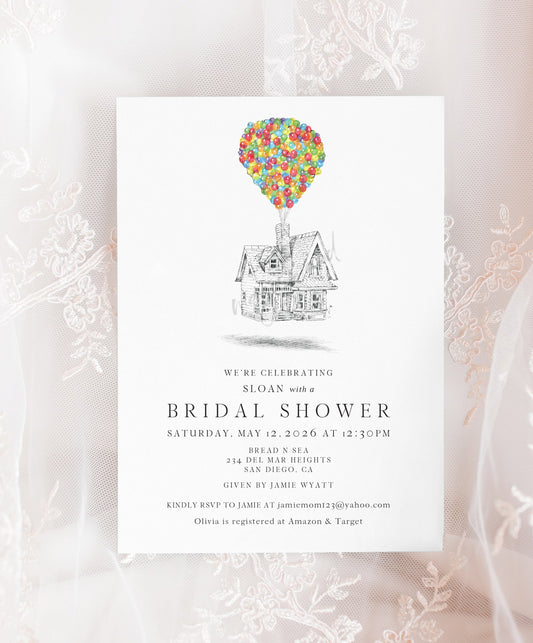 UP House Bridal Shower Invitations, UP, Balloons,  Fairytale Wedding, Disney bridal shower, Hand Drawn (set of 25 cards & envelopes)