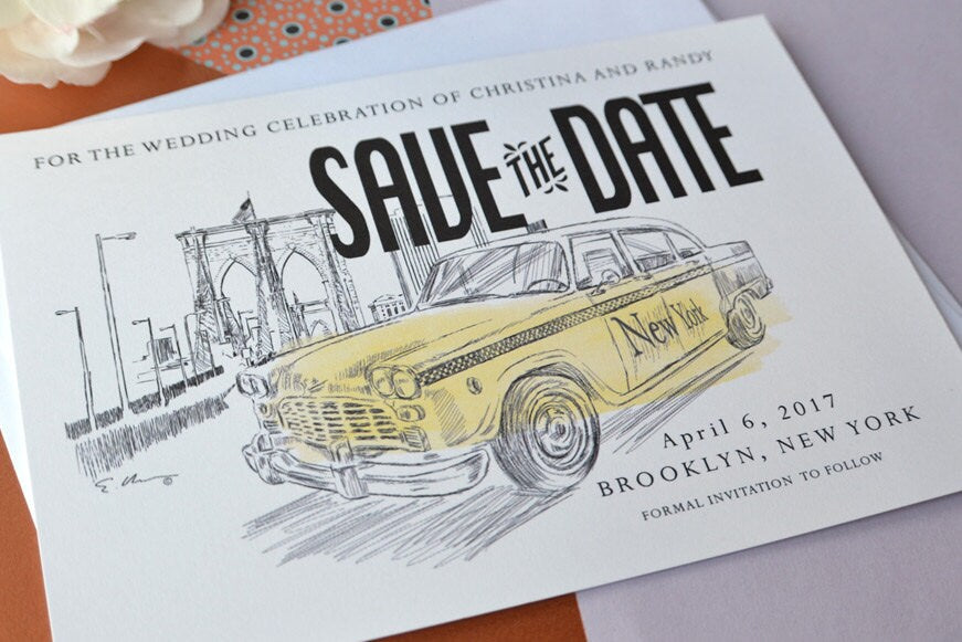 Brooklyn Bridge, New York Taxi Cab Watercolor, Skyline Wedding Save the Date Cards (set of 25 cards)