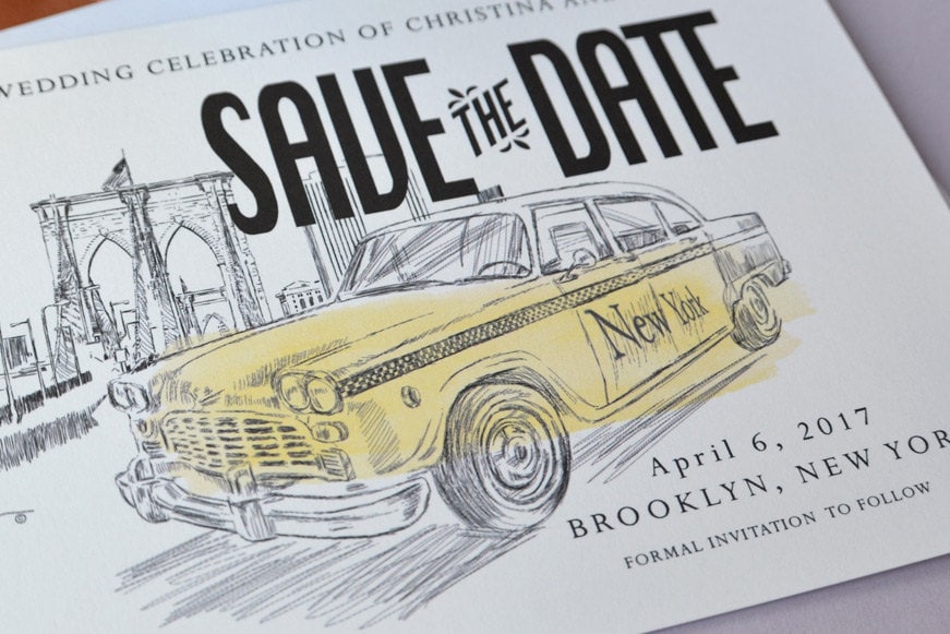 Brooklyn Bridge, New York Taxi Cab Watercolor, Skyline Wedding Save the Date Cards (set of 25 cards)
