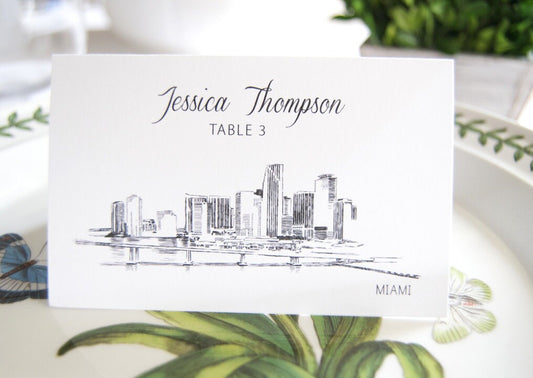Miami Skyline Place Cards Personalized with Guests Names (Sold in sets of 25 Cards)