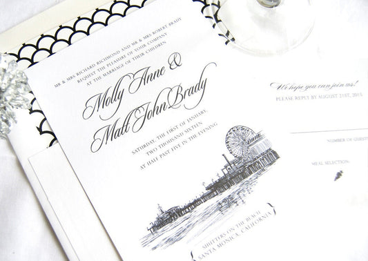 Santa Monica Pier Skyline Hand Drawn Wedding Invitations Package (Sold in Sets of 10 Invitations, RSVP Cards + Envelopes)