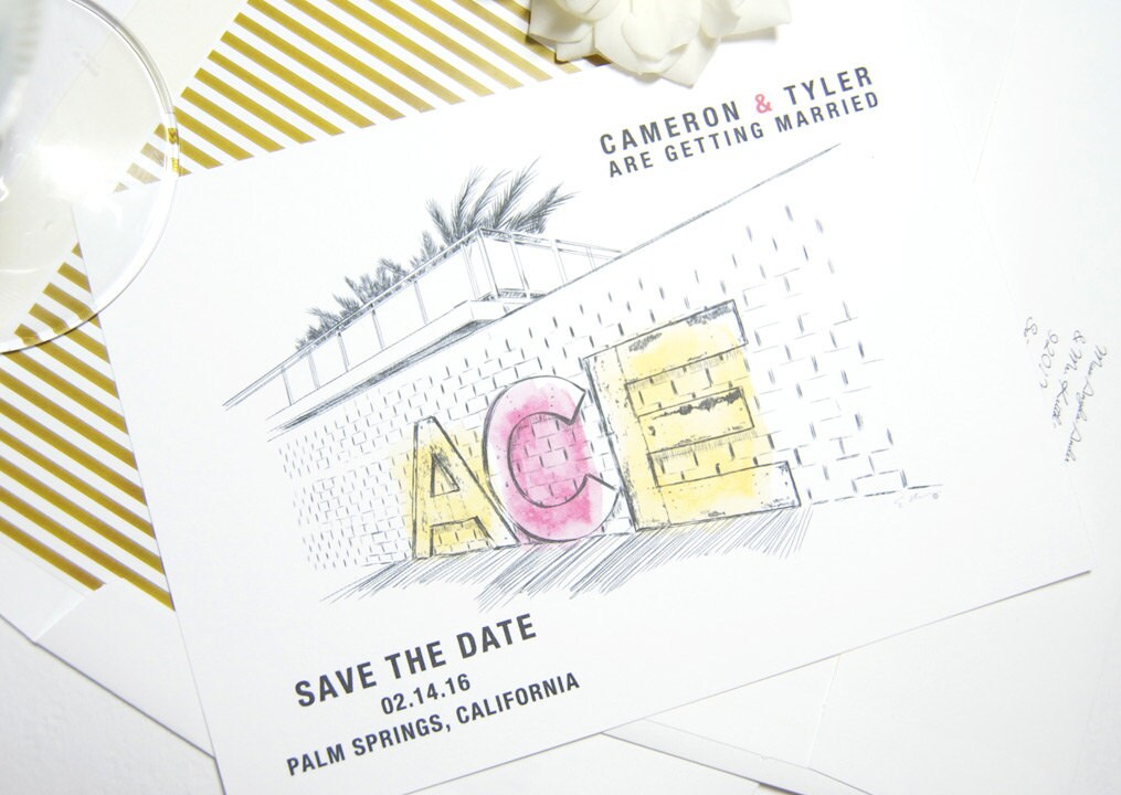 Ace Hotel Palm Springs Destination Wedding Hand Drawn Skyline Save the Date Cards (set of 25 cards and white envelopes)