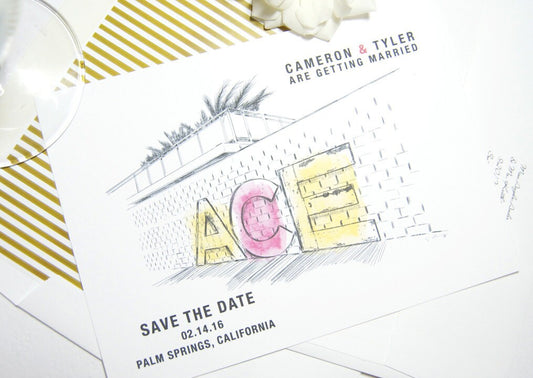 Ace Hotel Palm Springs Destination Wedding Hand Drawn Skyline Save the Date Cards (set of 25 cards and white envelopes)