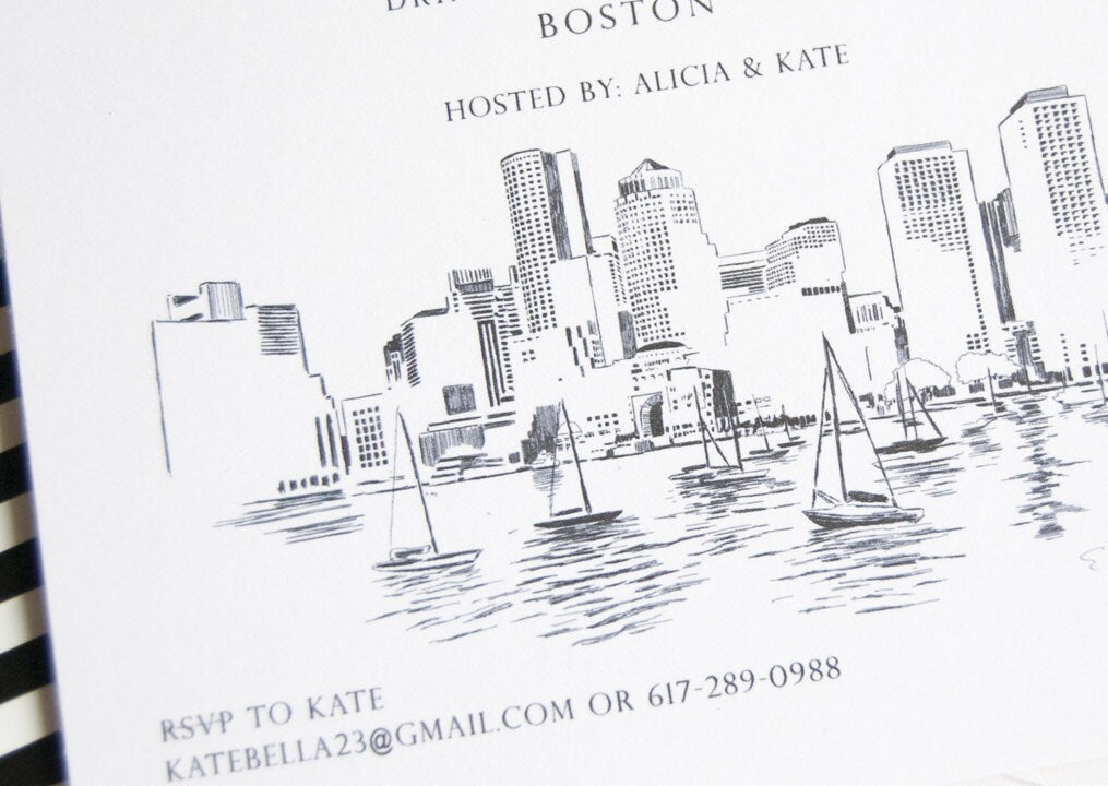 Boston Skyline Hand Drawn Bachelorette Party Invitations (set of 25 cards)
