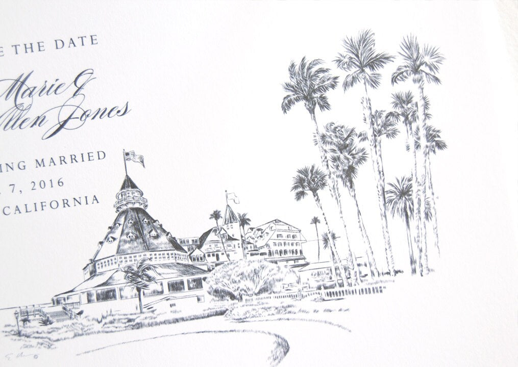 Hotel Del Coronado Hand Drawn Save the Date Cards (set of 25 cards)