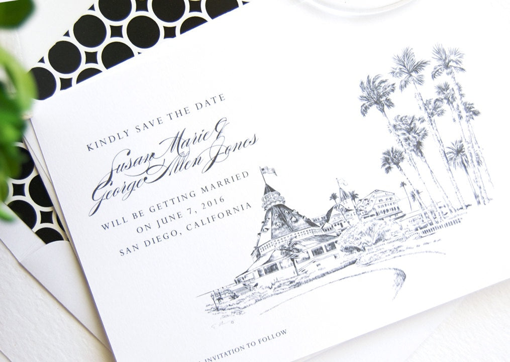 Hotel Del Coronado Hand Drawn Save the Date Cards (set of 25 cards)
