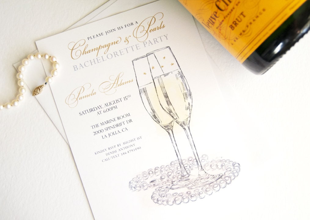 Bachelorette Party Invitations, Champagne and Pearls, Watercolor, Hand Drawn (set of 25 cards)