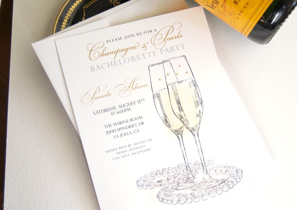 Bachelorette Party Invitations, Champagne and Pearls, Watercolor, Hand Drawn (set of 25 cards)
