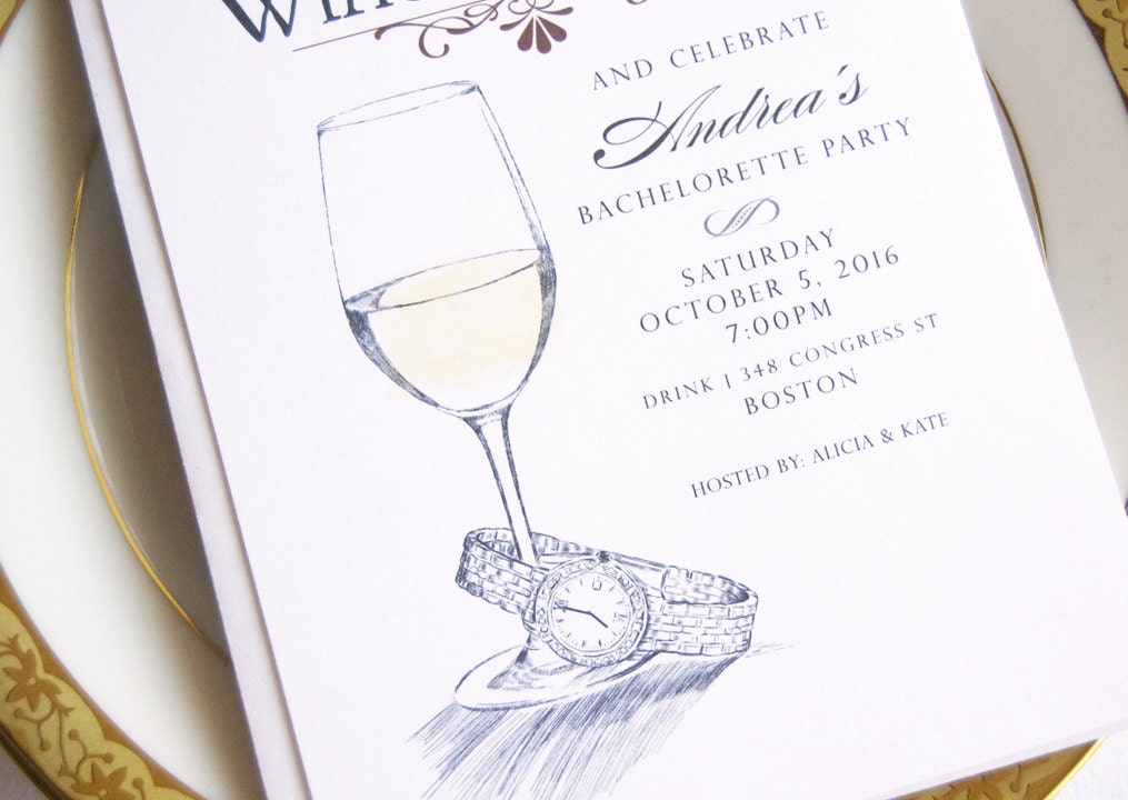 Bachelorette Party Invitations, Wine O'clock, Watercolor, Hand Drawn (set of 25 cards)