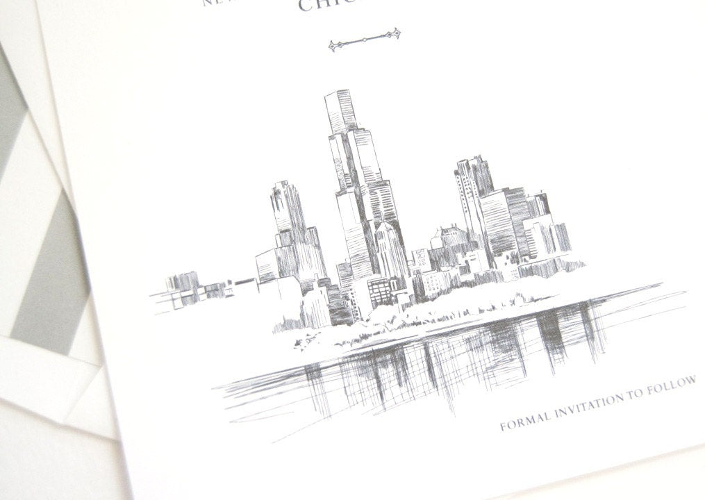 Chicago Skyline Save the Date Cards, Chicago Wedding Save the Dates (set of 25 cards)