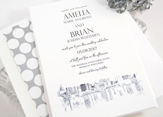 Madison, Wisconsin Skyline Hand Drawn Wedding Invitations Package (Sold in Sets of 10 Invitations, RSVP Cards + Envelopes)