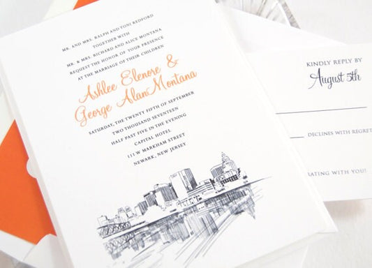 Newark Skyline Wedding Invitations Package (Sold in Sets of 10 Invitations, RSVP Cards + Envelopes)