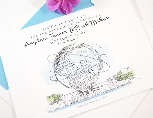 Queens Museum, New York, Unisphere, Worlds Fair Drawn Save the Date Cards (set of 25 cards)