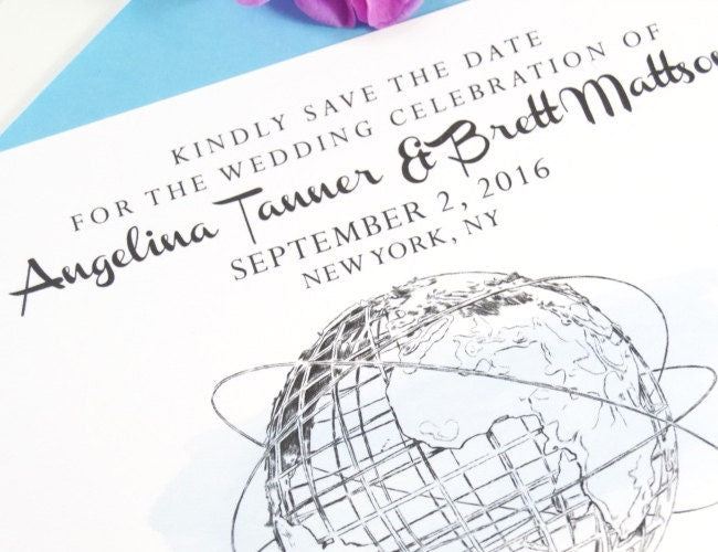 Queens Museum, New York, Unisphere, Worlds Fair Drawn Save the Date Cards (set of 25 cards)